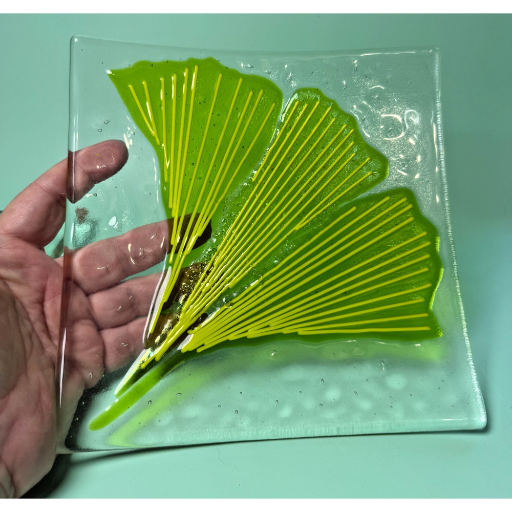 Set Fused Art Glass Plates Trinket Dish Botanical Ginkgo Biloba Leaf C Janowicz - Picture 2 of 7